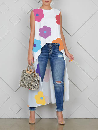 Plus Size Loose Casual Floral Sleeveless Crew Neck Shirt