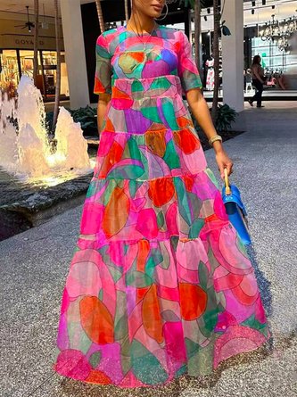 Vacation Crew Neck Loose Maxi Dress With No Belt