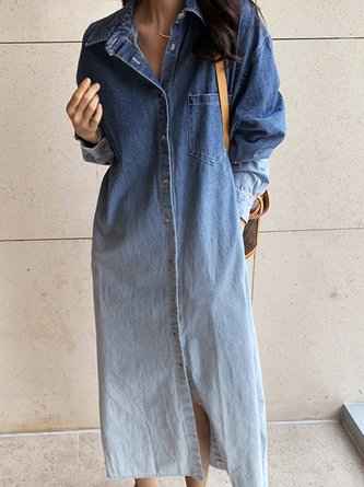 Long sleeve Casual Denim Ombre Loose Denim Dress With No
