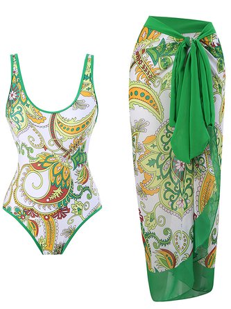 Vacation Floral Printing Scoop Neck One Piece With Cover Up