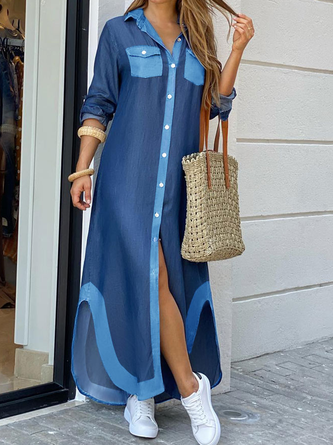 Urban Loose Color Block Long sleeve Denim Dress Maxi With No Belt