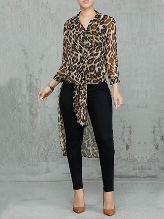 Shirt Collar Loose Leopard Urban Blouse