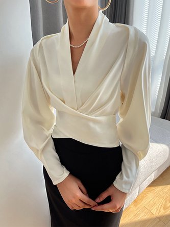 Plain V Neck Regular Fit Elegant Blouse