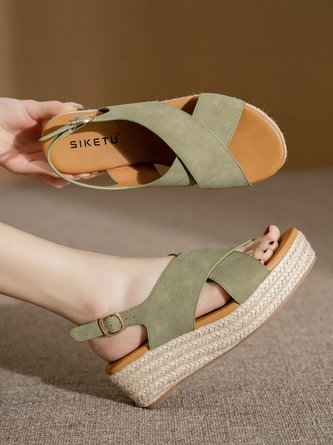 Vacation Simple Plain Cross Straps Straw Wedge Sandals