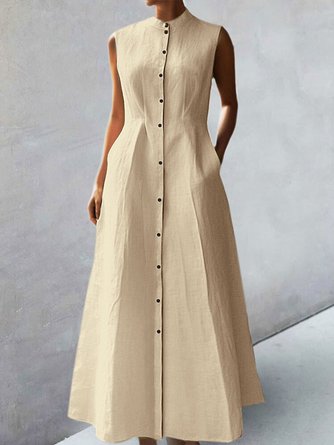 Plain  Elegant Stand Collar Sleeveless Dress