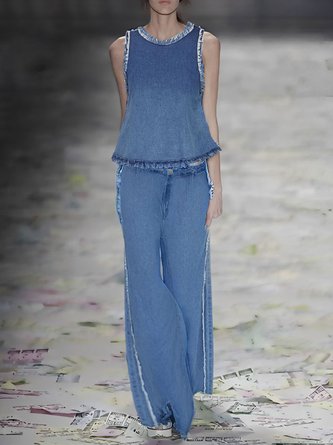 Denim Loose Casual Plain Jeans