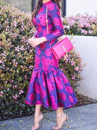 Elegant Floral Regular Stand Collar Fit Long sleeve Maxi Dress