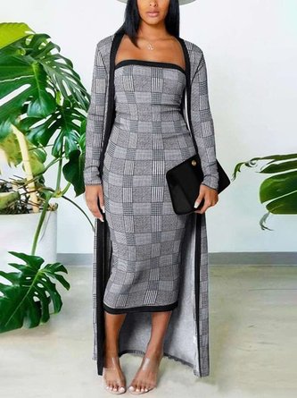 Regular Fit Elegant Plaid Coat With Dress Two-Piece Set