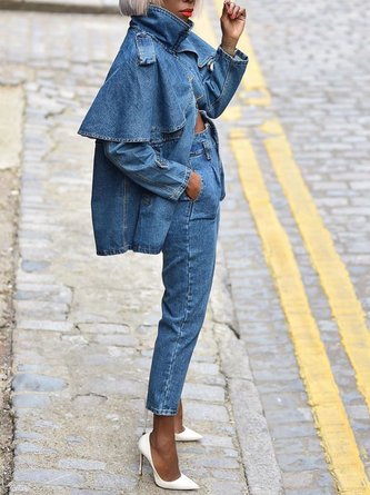 Stand Collar Long Sleeve Urban Denim Coat