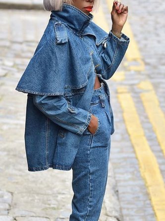 Stand Collar Long Sleeve Urban Denim Coat