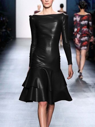 Plain Regular Fit Elegant Faux Leather Mini Dress With No Belt