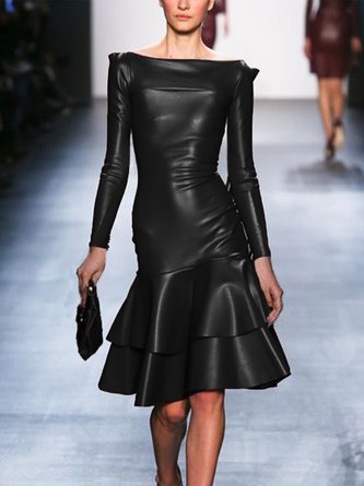 Plain Regular Fit Elegant Leather Mini Dress With No Belt