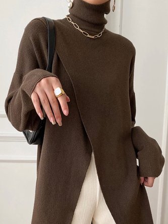Plain Urban Turtleneck Split Asymmetrical Sweater