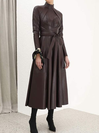 Micro-Elasticity Pu Elegant Stand Collar Long Sleeve Leather Maxi Dress With Belt