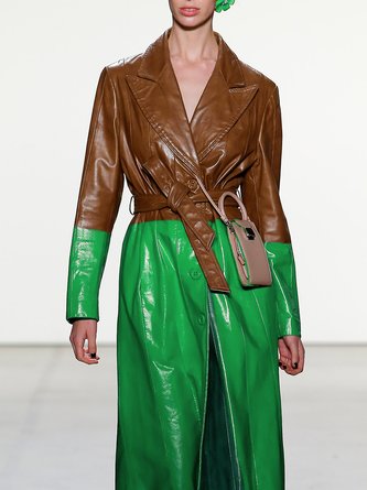 Pu Urban Lapel Collar Regular Fit Faux Leather Coat With Belt