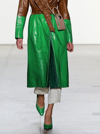 Pu Urban Lapel Collar Regular Fit Faux Leather Coat With Belt