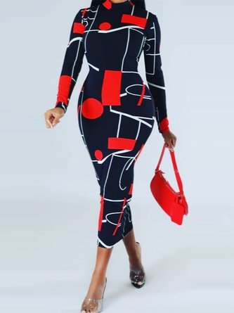 Elegant Abstract Long Sleeve Tight Midi Dress With No Belt