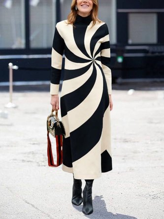 Urban Stand Collar Color Block Long Sleeve Midi Dress With No Belt