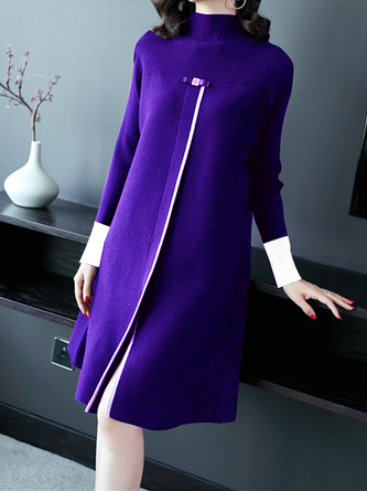 High Elasticity Color Block Stand Collar Long Sleeve Urban Sweater Short Dress