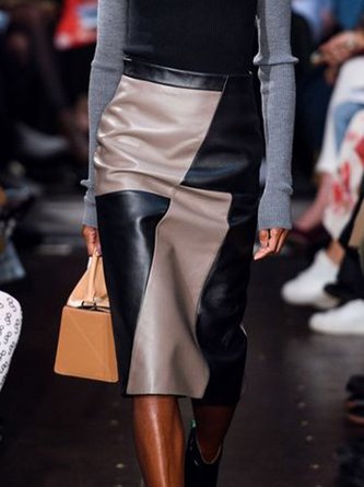 Regular Fit Color Block Urban Leather Midi Skirt