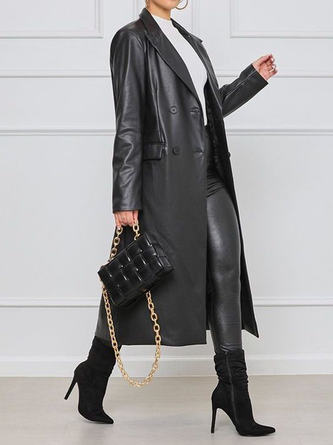 Pu Loose Urban Lapel Collar Long Sleeve Leather Mid-long Coat