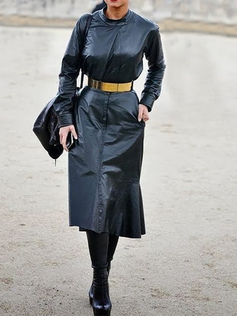 PU Elegant Regular Fit Micro-Elasticity Leather Long Sleeve Dress With No Belt