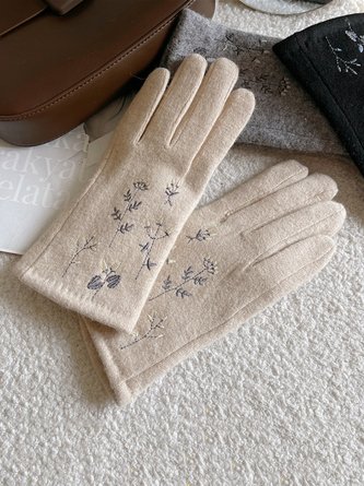 Elegant Plants Embroidery Warm Lined Wool-Blend Gloves