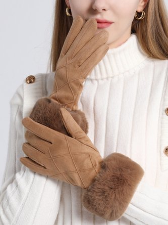 Elegant Plaid Faux Suede Warm Furry Gloves