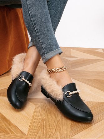 Elegant Imitation Pearl Plush Slip On Loafers