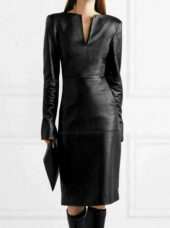 Regular Fit Medium Elasticity PU V Neck Long Sleeve Elegant Faux Leather Dress