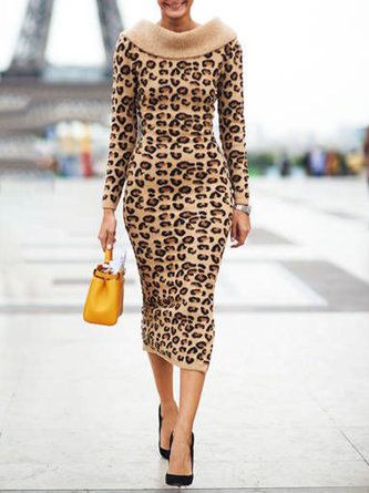 Regular Fit Shawl Collar Elegant Sweater Dress