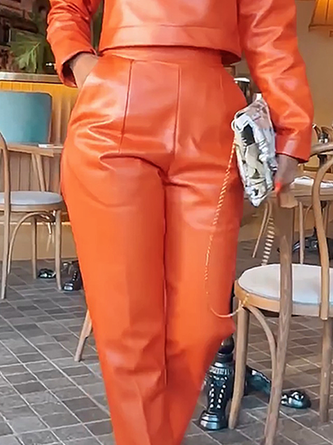 Regular Fit Micro-Elasticity Urban Pu Faux Leather Pants Straight pants