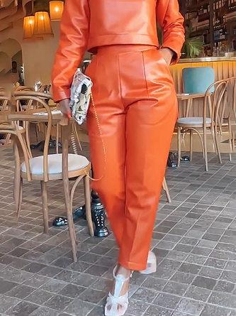 Regular Fit Micro-Elasticity Urban Pu Faux Leather Pants Straight pants