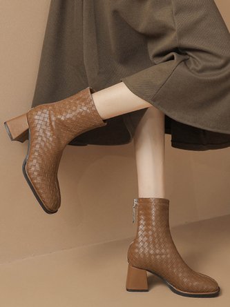 Handmade Weave Square Toe Block Heel Fashion Boots