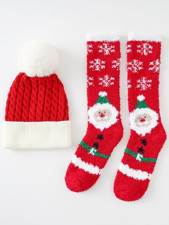 Two-piece Set Christmas Knitted Beanie Hat Cartoon Mid-calf Sock