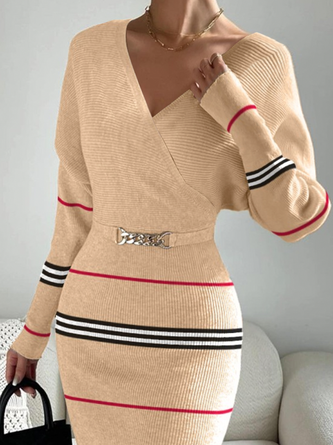 High Elasticity Elegant V Neck Long Sleeve Tight Striped Sweater Midi Dress