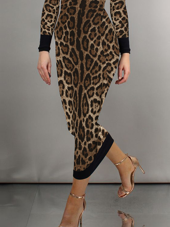 Tight High Elasticity Elegant Boat Neck Long Sleeve Leopard Maxi Dress