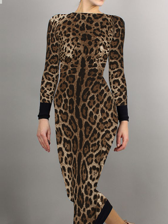 Tight High Elasticity Elegant Boat Neck Long Sleeve Leopard Maxi Dress