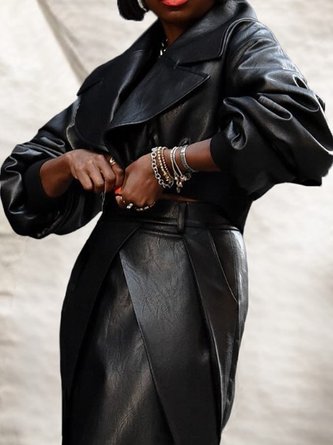 Lapel Collar Urban Long Sleeve Plain Leather Coat