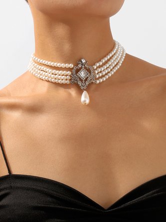 Elegant Rhinestone Decor Layered Faux Pearl Beaded Choker Bridal Wedding Jewelry For Party