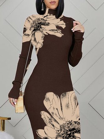Stand Collar Elegant Floral Long Sleeve Dress
