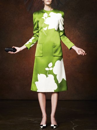 Elegant Pocket Stitching Floral Print  Long Sleeve Dress