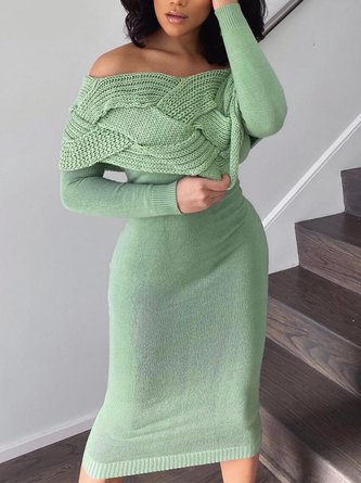 Cold Shoulder Elegant Plain Sweater Midi Dress With No Belt