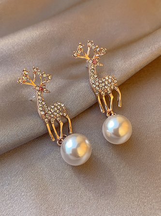 Christmas Rhinestone Elk Imitation Pearl Dangle Earrings