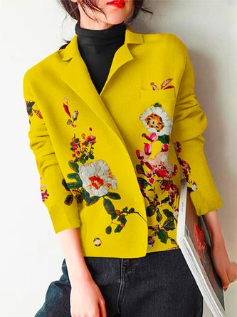 Floral Lapel Collar Urban Long Sleeve Cardigan