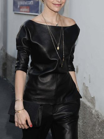 PU Urban Pu Boat Neck Plain Faux Leather Top