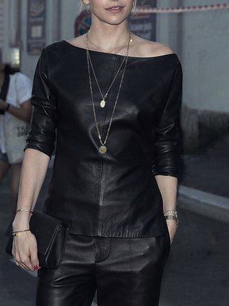 PU Urban Pu Boat Neck Plain Faux Leather Top