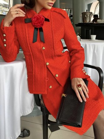 Long Sleeve Elegant Plain Regular Fit Jacket With Brooch