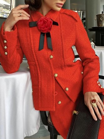 Long Sleeve Elegant Plain Regular Fit Jacket With Brooch