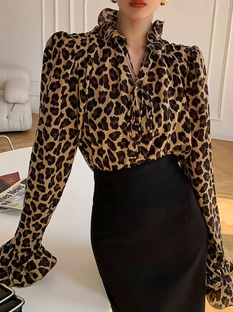 Plus Size Loose Urban Ruffled Sleeves Leopard Stand Collar Blouse